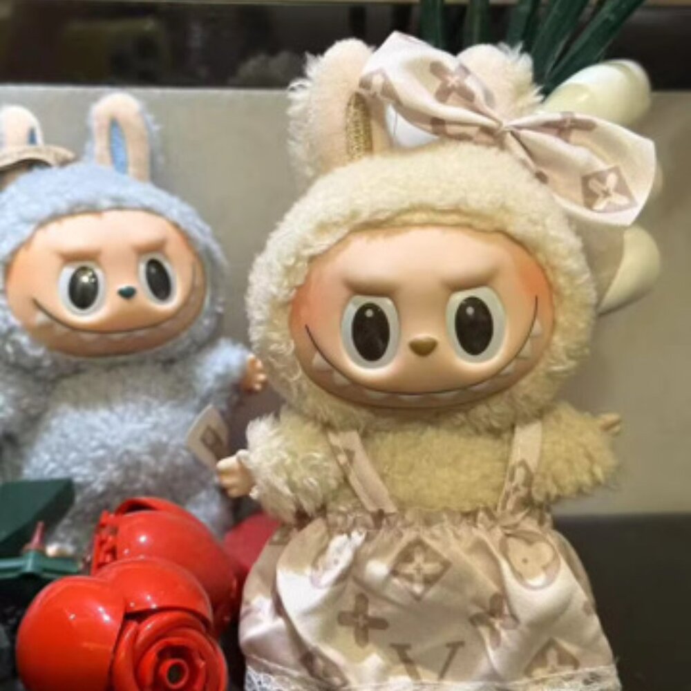 Cream Beige Lightweight LV Designer Labubu Pajama Set with a Dress and a Bow